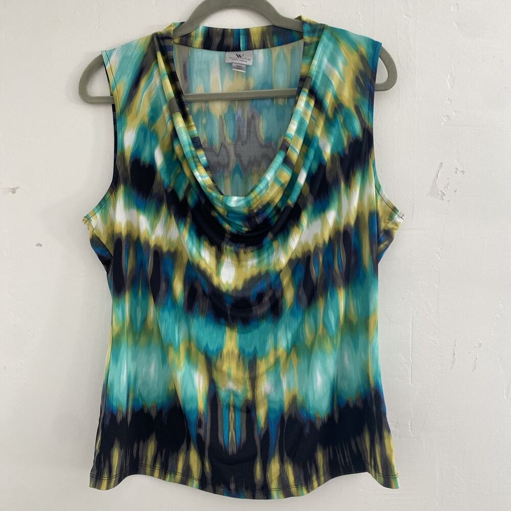 Worthington Top PXL Womens Cowl Sleeveless Shell Blouse Stretch Print Colorful